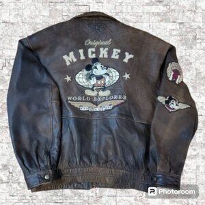 Disney Mickey Mouse 1928 World Explorer Aviator Bomber Jacket L Brown Leather